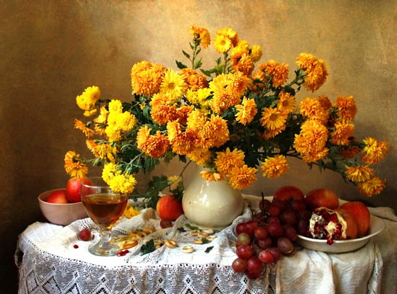 Golden flowers of autumn, pomegranates, colorful, autumn, beutiful, saucer, fruits, shine, vase, pretzels, grapes, still life, colored, flowers, beauty, light, table, apples, golden, glass, rich, chrysanthemums, tasty, nature, natural, HD wallpaper