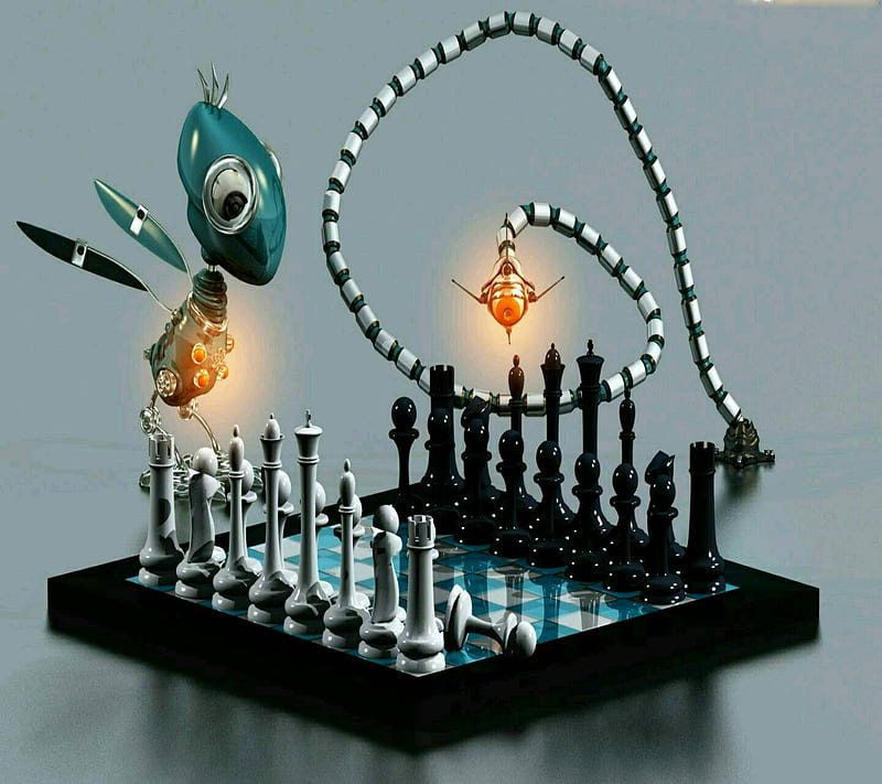 Download wallpapers 3d chess, neon light, 3d chessboard, blue