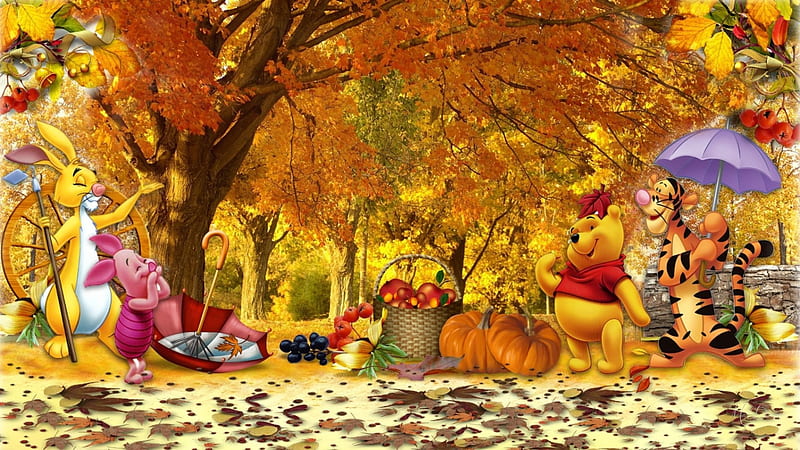Winnie the Pooh Fall, fall, autumn, picnic, Rabbit, Tigger, party, PIglet, Winnie the Pooh, HD wallpaper