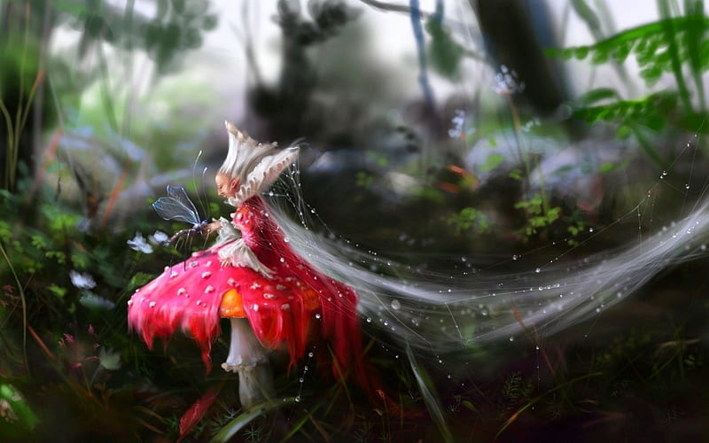 Fairy Queen, red, forest, art, luminos, queen, mushroom, morgainelefee, fantasy, fairy, HD wallpaper