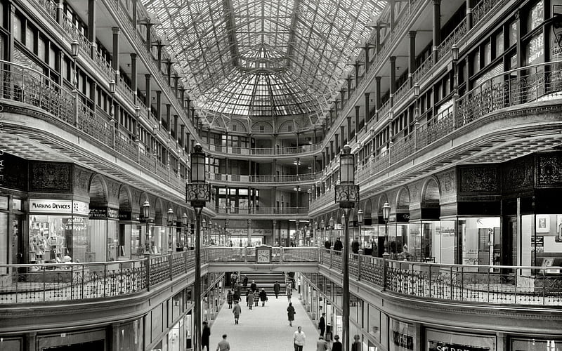 Old Mall, edwardian, shopping, indoor, black and white, mall, HD wallpaper
