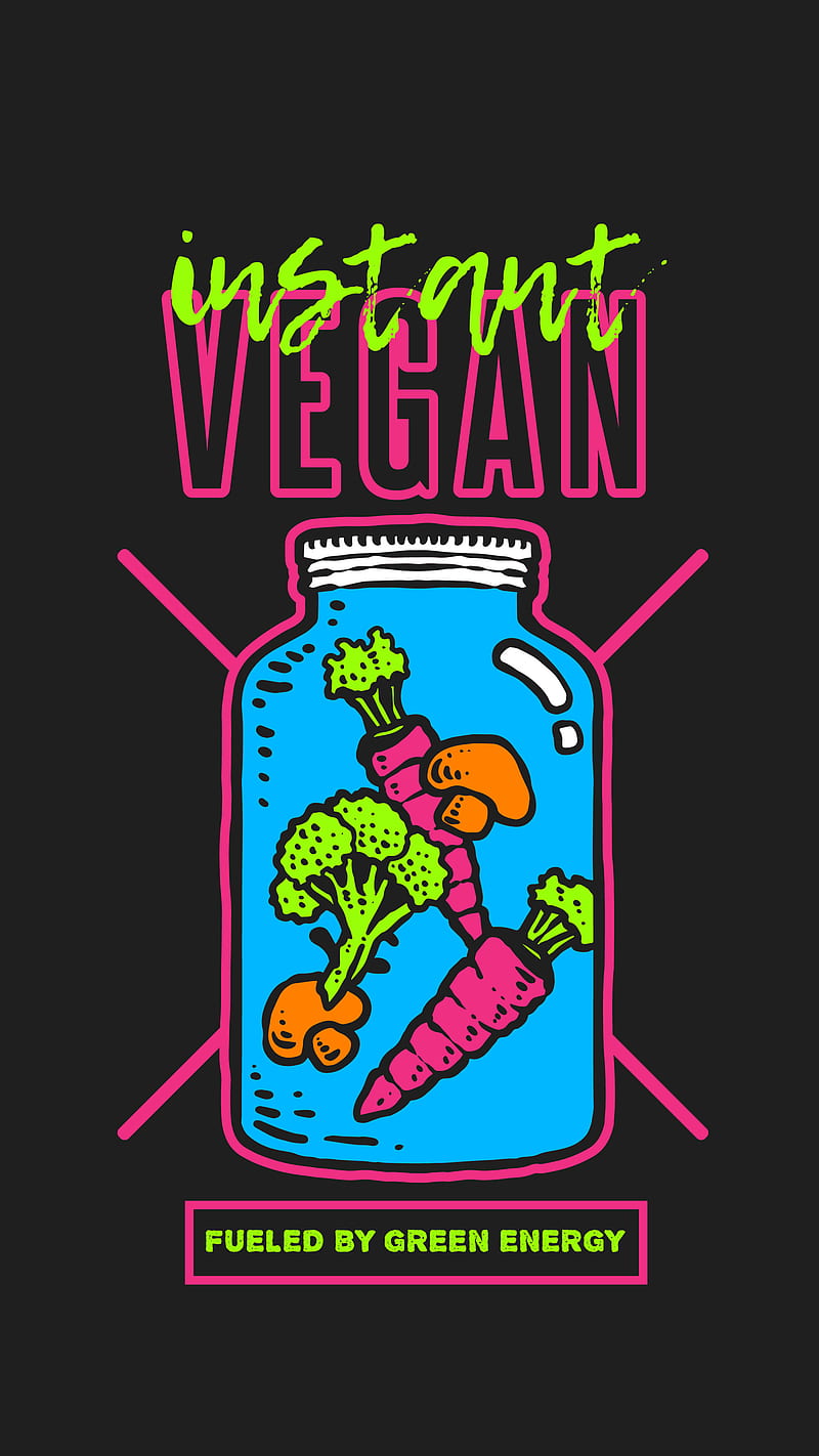 Instant Vegan, Kiss, black, blue, bright, broccoli, carrot, green, jar, pink, pop art, potatoes, vegetables, vegetarian, veggies, water, HD phone wallpaper