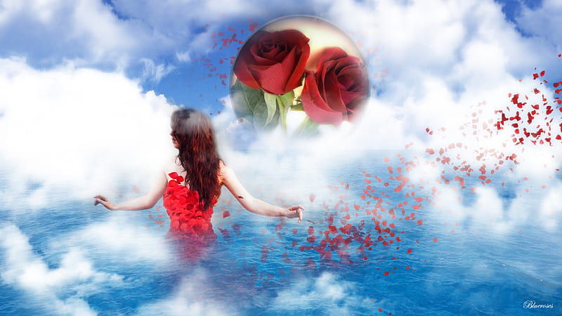 Another beautiful day dawning.., globe, red, roses petals dress, redhead, roses, sky, woman, clouds, sea, fantasy, girl, petals, white, light, blue, HD wallpaper