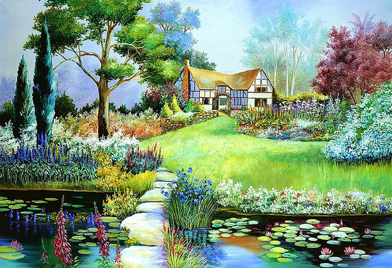 ★Abundance of Wild Spring★, architecture, lotus, cottages, gardening, attractions in dreams, digital art, seasons, lotus pond, paintings, wild, flowers, forests, ponds, drawings, cabins, abundance, love four seasons, spring, trees, nature, HD wallpaper