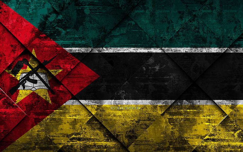 Flag of Mozambique grunge art, rhombus grunge texture, Mozambique flag, Africa, national symbols, Mozambique, creative art, HD wallpaper