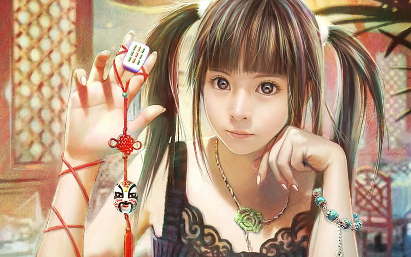 Girl, i chen lin, red bond, paint, mahjong, HD wallpaper