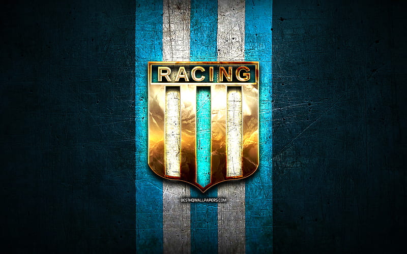 Racing FC, golden logo, Argentine Primera Division, blue metal background, football, Racing Club de Avellaneda, argentinian football club, Racing Club logo, soccer, Argentina, Racing Club, HD wallpaper