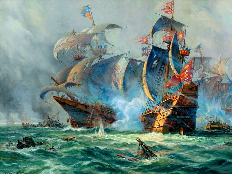 Sea battle, ships, pirates, wind, waves, sky, clouds, storm, sea, battle, painting, rough, HD wallpaper