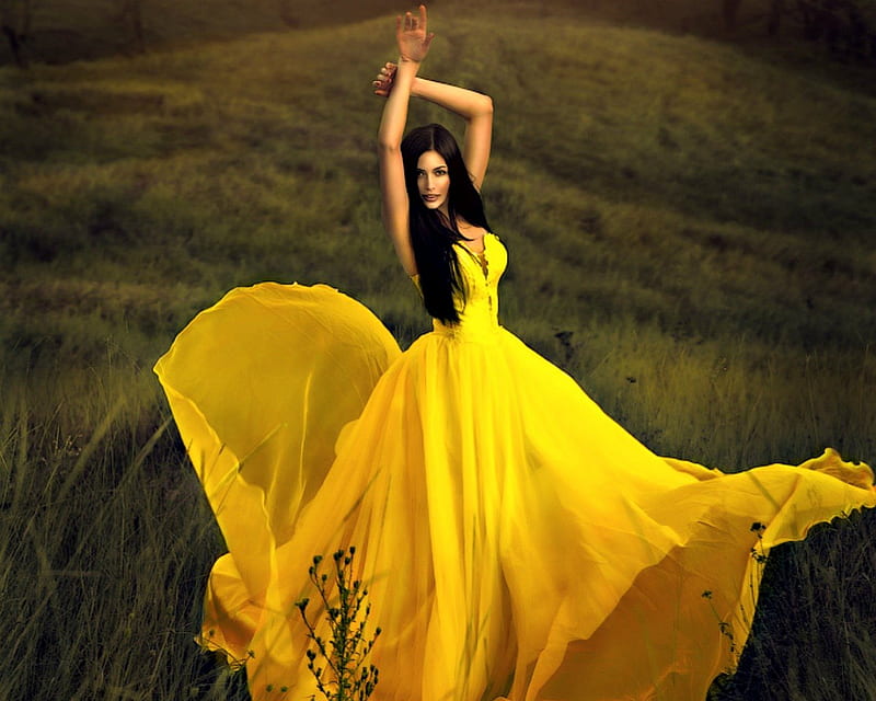 Fashion model, model, pose, yellow dress, fields, woman, HD wallpaper |  Peakpx