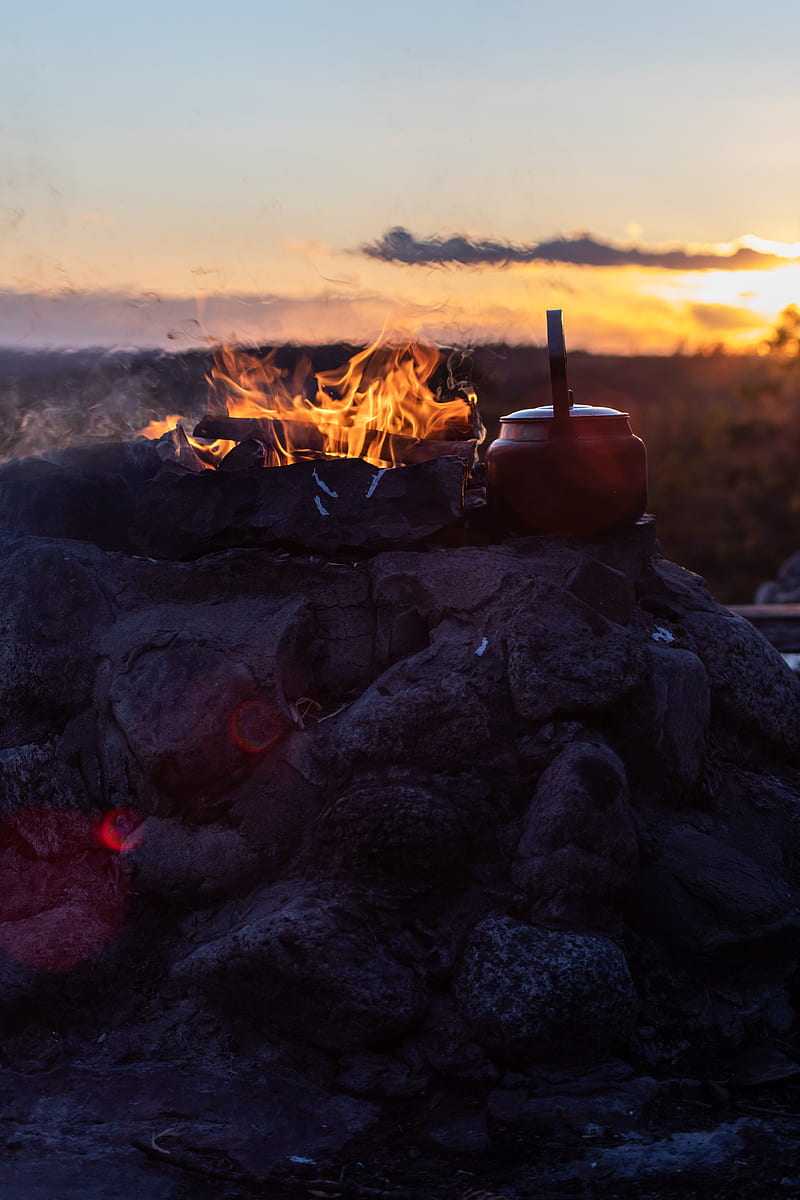 bonfire, fire, kettle, camping, nature, HD phone wallpaper
