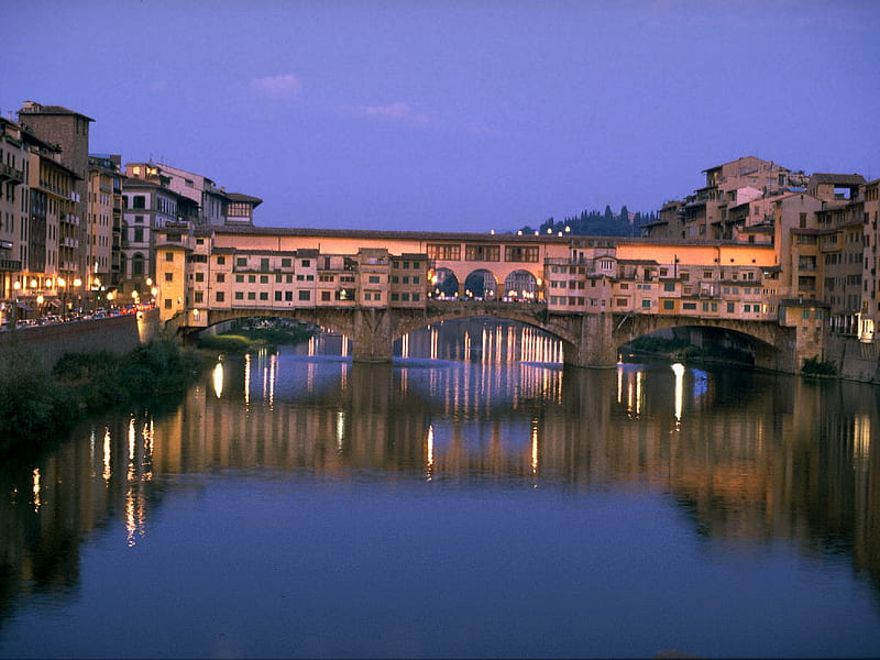 Bridge at Sunset, Florence Italy, travel, bonito, sunset, sky, lights, europe, city, water, bridge, florence, river, international, italy, night, HD wallpaper