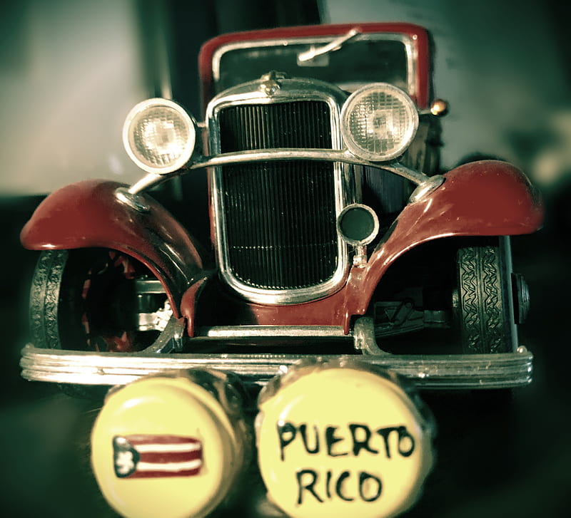 Puerto Rico, old car, toy, flag, bangos, instruments, red, ford, HD wallpaper