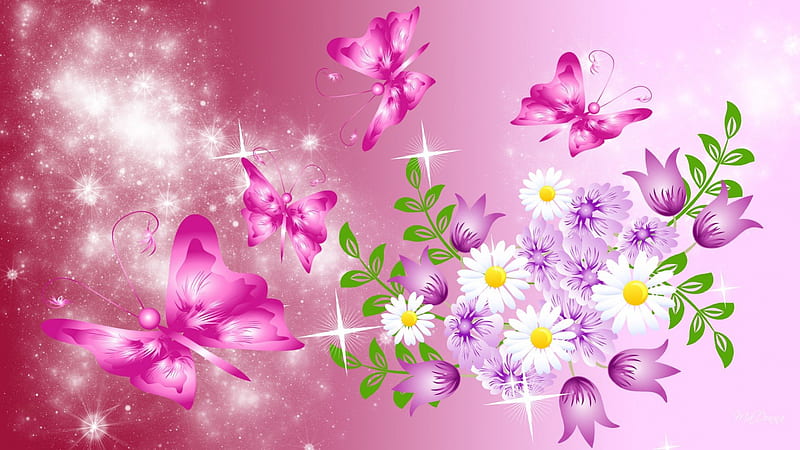 Flower Explosion, flowers, glow, twinkle, lustre, shine, flash, winkle, lights, sparkle, glint, scintillate, shimmer, bright, papillon, flowers, tulips, pink, glisten, radiate, flare, glitter, spangle, butterflies, spring, glister, glimmer, daisies, summer, luster, wink, gleam, shiny, HD wallpaper
