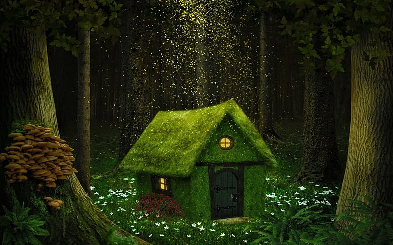 Elf House in the Enchanted Forest, forest, hut, house, green, HD wallpaper