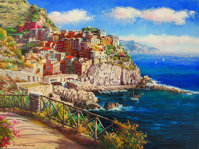 Manarola, art, view, Italy, painting, village, coast, sea, HD wallpaper
