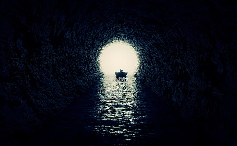 cave, boat, silhouette, water, dark, HD wallpaper