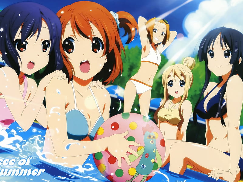 fun on the beach, k-on, water, anime, swiming suits, cute girls, girls, HD wallpaper