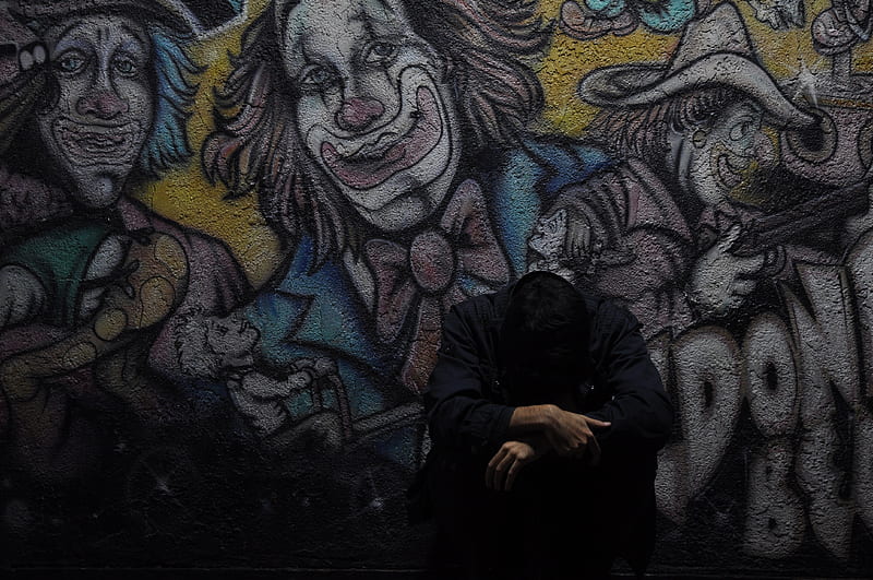 man, wall, graffiti, sadness, loneliness, HD wallpaper