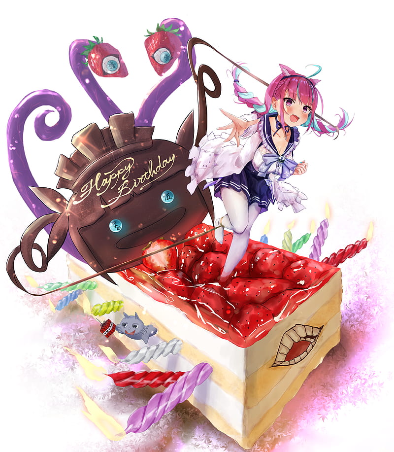 anime girls, Minato Aqua, Virtual Youtuber, open mouth, multi-colored hair, braids, strawberries, cake, HD phone wallpaper