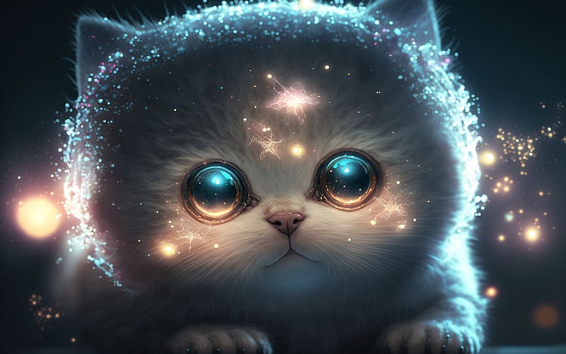Kitten, fantasy, pisici, face, cute, eyes, cat, blue, neuroset, luminos ...