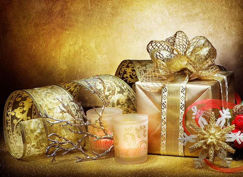 Happy holidays!!!, pretty, box, bonito, still life, nice, gold, beauty, harmony, candle, lovely, holiday, christmas, ribbon, golden, colors, happy new year, delicate, gift, elegantly, candles, snowflake, cool, merry christmas, tape, HD wallpaper