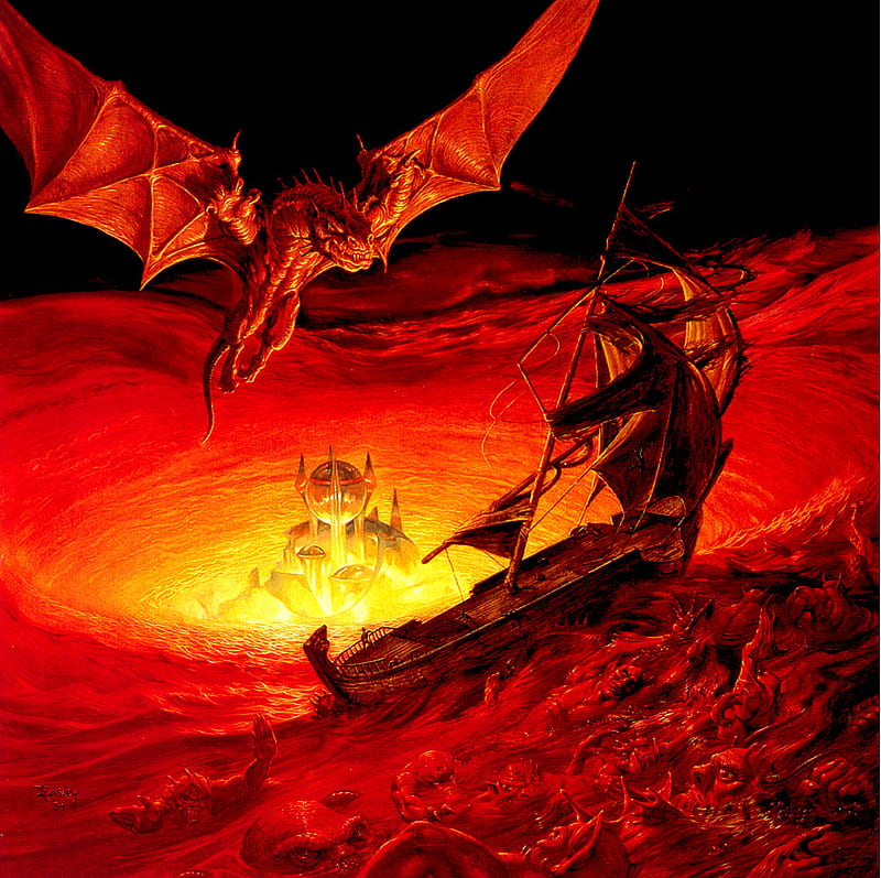 Red Sea of Fire, turmoil, red, fire, ship, danger, dragon, sea, HD wallpaper