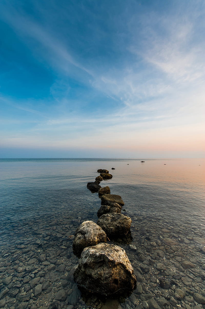 stones, pebbles, sea, horizon, sky, HD phone wallpaper