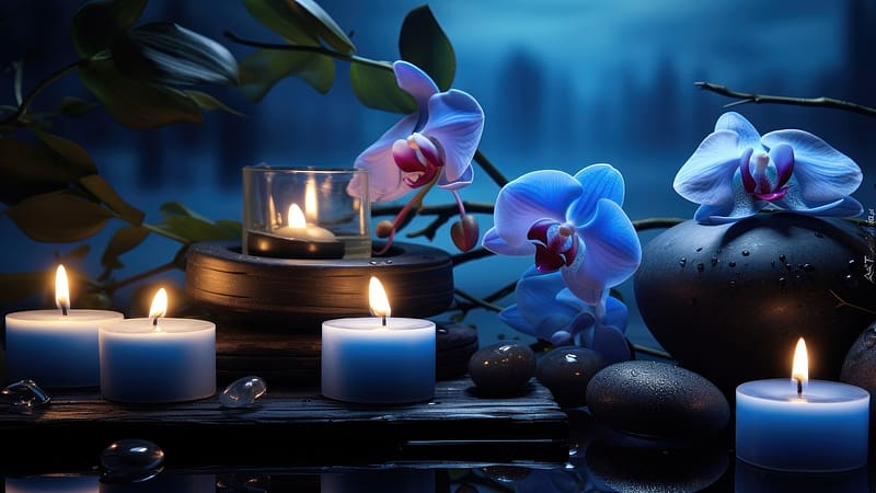 Burning Candles and orchids, Flowers, Candles, Orchids, Stones, HD wallpaper