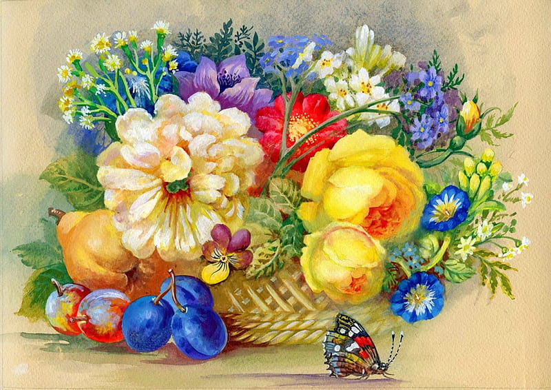 Still life, pretty, colorful, art, lovely, fruits, bonito, spring, butterfly, basket, painting, summer, flowers, plums, harmony, HD wallpaper
