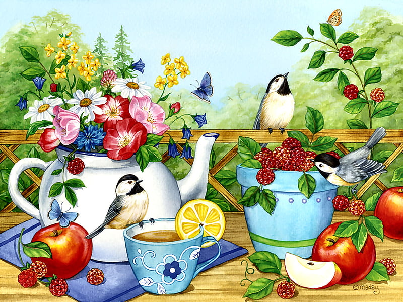 Summer Tea Time - Birds F, art, APPLES, bonito, illustration, artwork, lemon, animal, chickadees, bird, avian, painting, wide screen, wildlife, nature, HD wallpaper