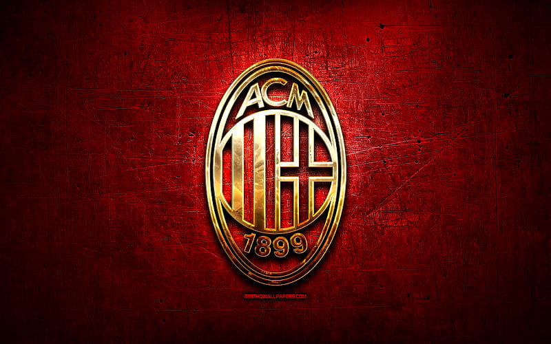 AC Milan, golden logo, Serie A, red abstract background, soccer, italian football club, Milan logo, football, Milan FC, Italy, HD wallpaper