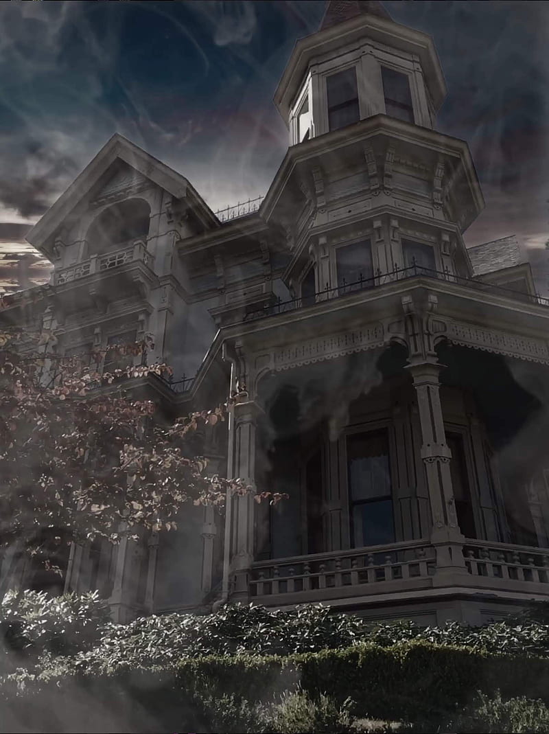 Haunted Mansion, Venerable, black and white, dark, halloween, night, sky, victorian, weather, HD phone wallpaper