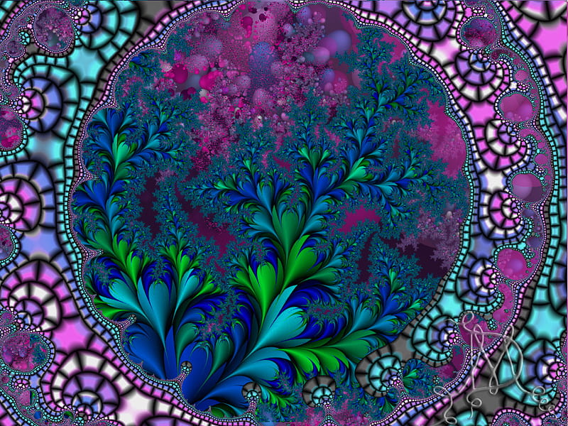 Flowers in a Frame, art, framed, teal, turquoise, green, fractal, digital, aqua, flowers, pink, HD wallpaper