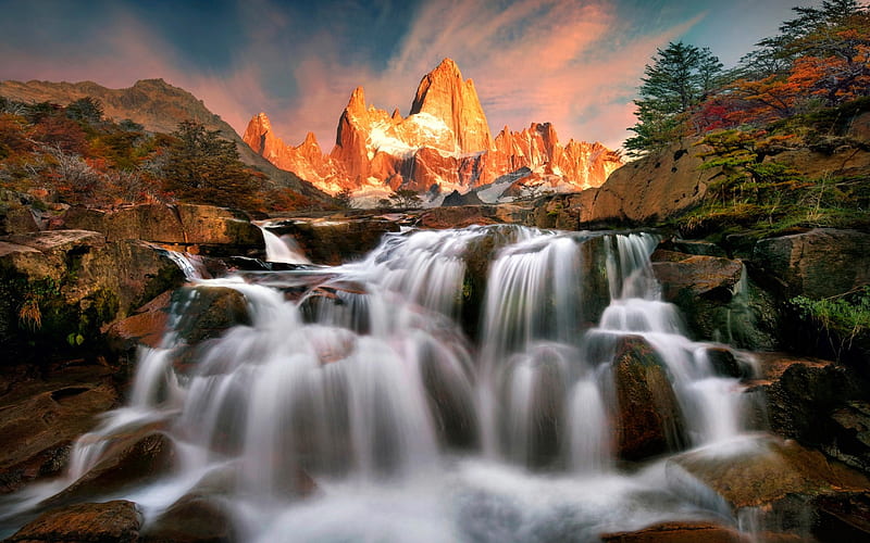 sunset, waterfall, mountains, Andes, rocks, mountain landscape, Patagonia, Argentina, HD wallpaper