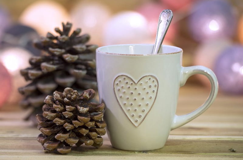 Breakfast With Love, ornaments, spoon, heart, cup, pinecones, HD wallpaper