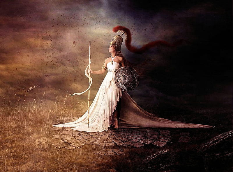 Athena, art, greek mythology, helmet, goddess, spear, escutcheon, HD wallpaper