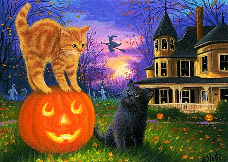 Haunted House Fun, witch, Pumpkin, halloween, painting, sunset, sky ...