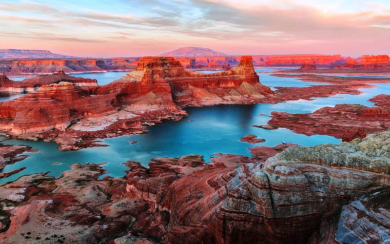 Lake Powell between Utah and Arizona, colors, water, sky, canyons, landscape, HD wallpaper