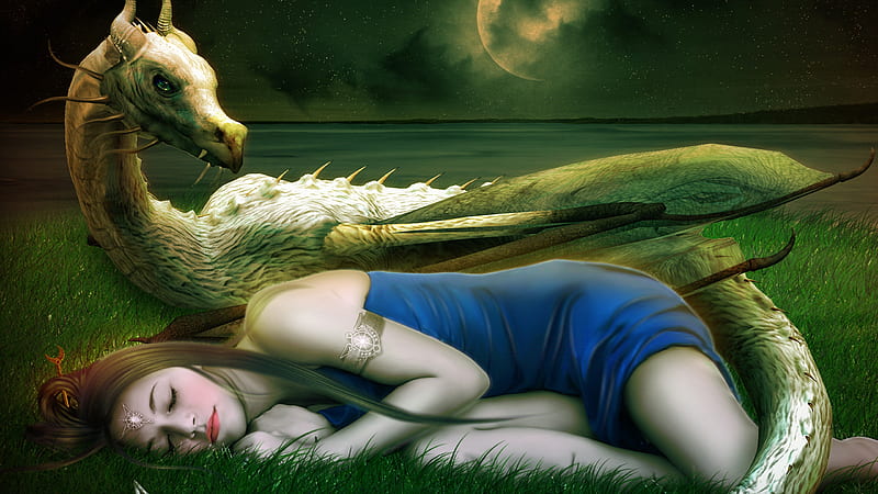 Fantasy Cute White Dragon Is Lying Down On A Greenfield Along The Side Of Beautiful Girl Dreamy, HD wallpaper