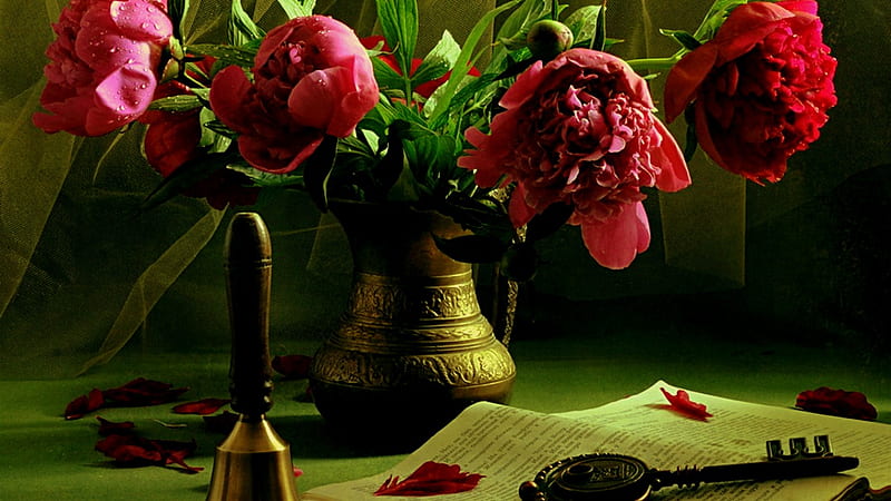 Old Fashioned, brass vase, still life, book, flowers, bell, key, peonies, HD wallpaper
