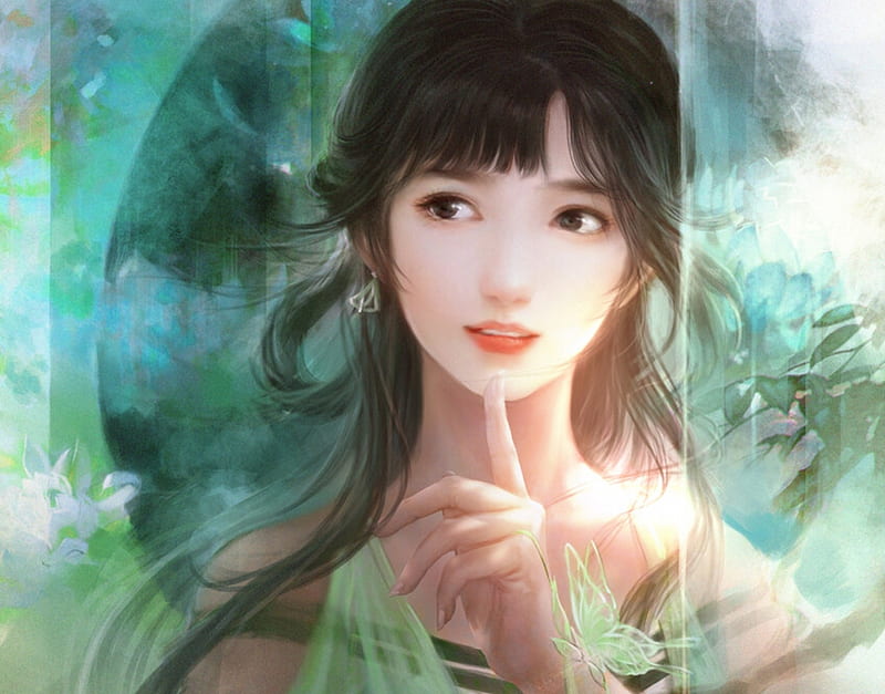 Girl, yankong bu, frumusete, fantasy, luminos, green, asian, face, hand, HD wallpaper