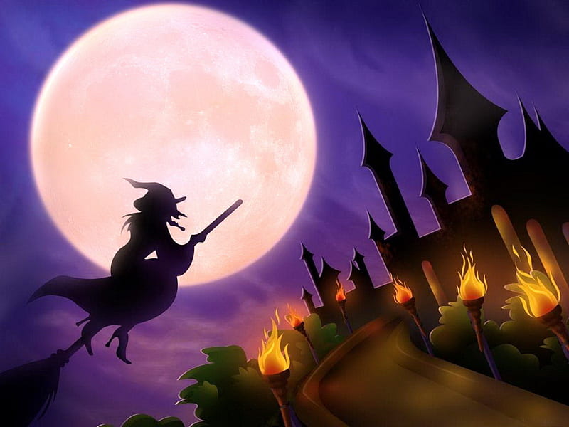 Halloween witch, witch, fire, moon, halloween, houses, castle, HD wallpaper