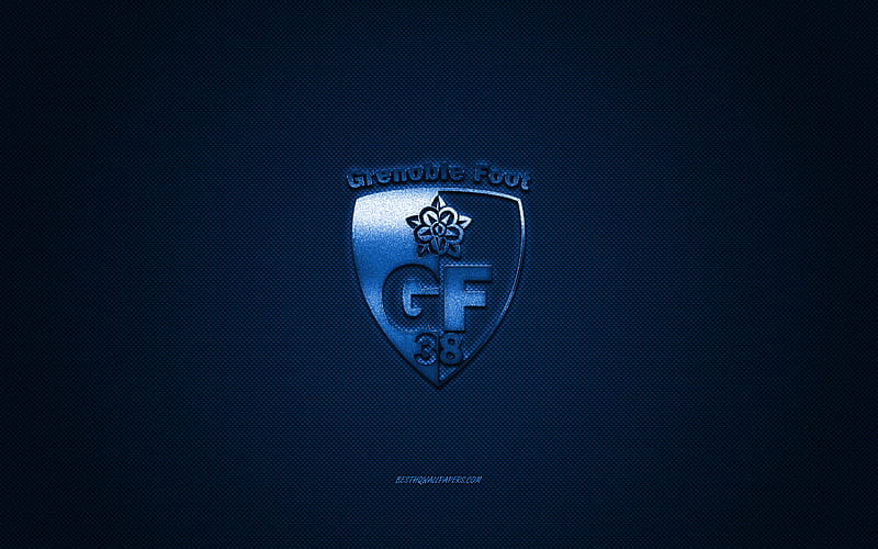 Grenoble Foot 38, French football club, Ligue 2, blue logo, blue carbon fiber background, football, Grenoble, France, Grenoble Foot 38 logo, HD wallpaper
