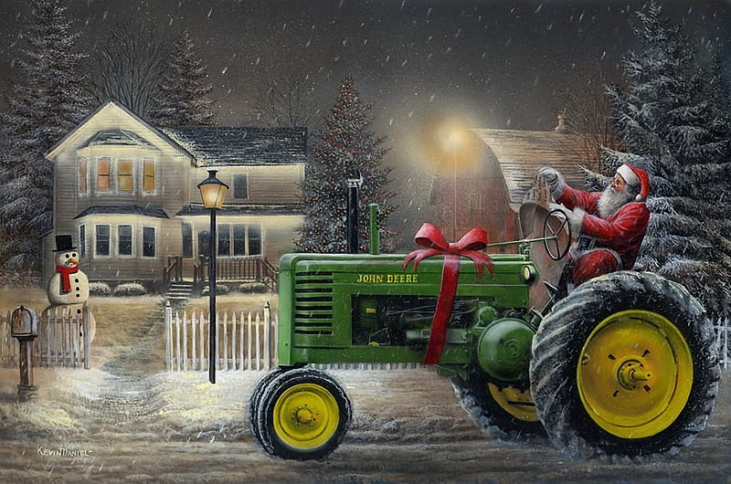 Deere Santa, christmas, snow, cottage, artwork, winter, lights, night, tractor, snowman, painting, HD wallpaper