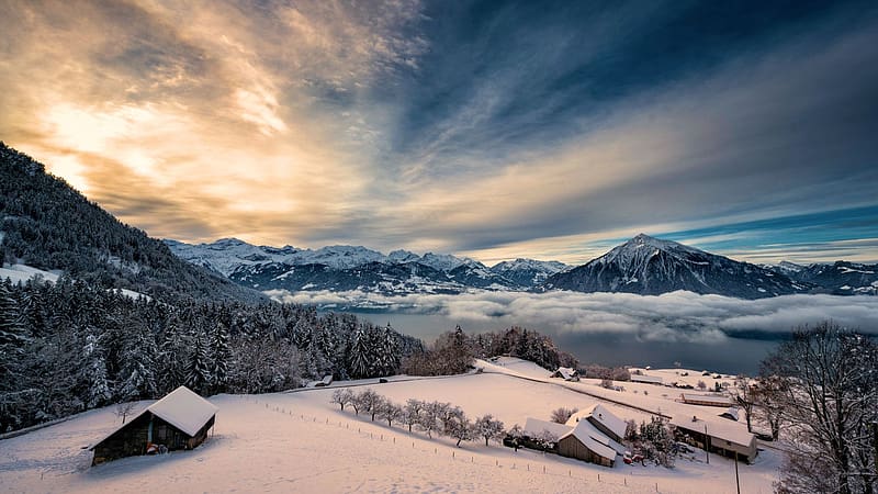 Lake Thun, Bernese Alps, Switzerland, sunrise, cabins, landscape, clouds, sky, mountains, rocks, HD wallpaper