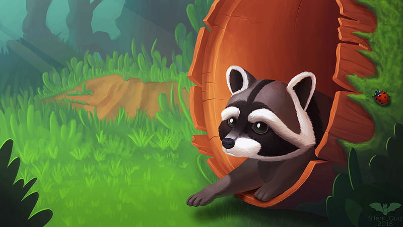raccoon, art, tree, grass, HD wallpaper