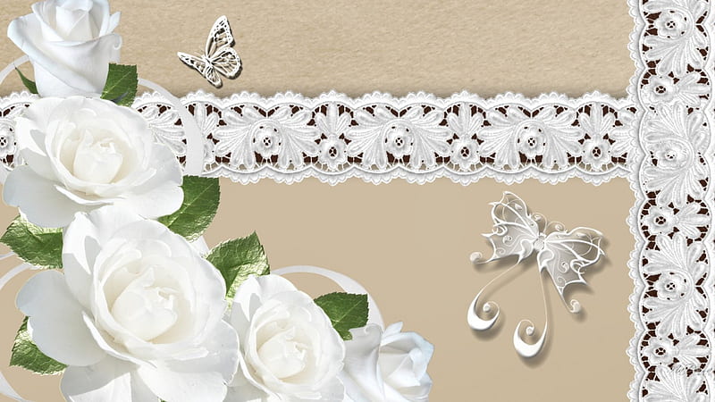 White Roses and Lace, pristine, lace, butterflies, bisque, parchment, ecru, roses, Valentines Day, butterfly, fabric, feminine, flowers, HD wallpaper