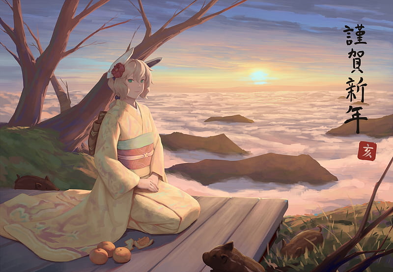 Paisaje anime, niña, kimono, sentarse, puesta de sol, nubes, cielo, cabello  corto, Fondo de pantalla HD | Peakpx