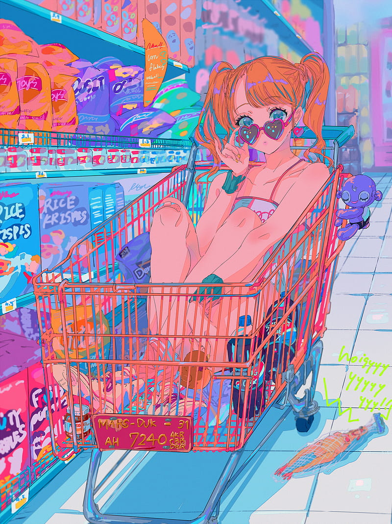 anime girls, anime, supermarket, shopping cart, Najuco, HD phone wallpaper
