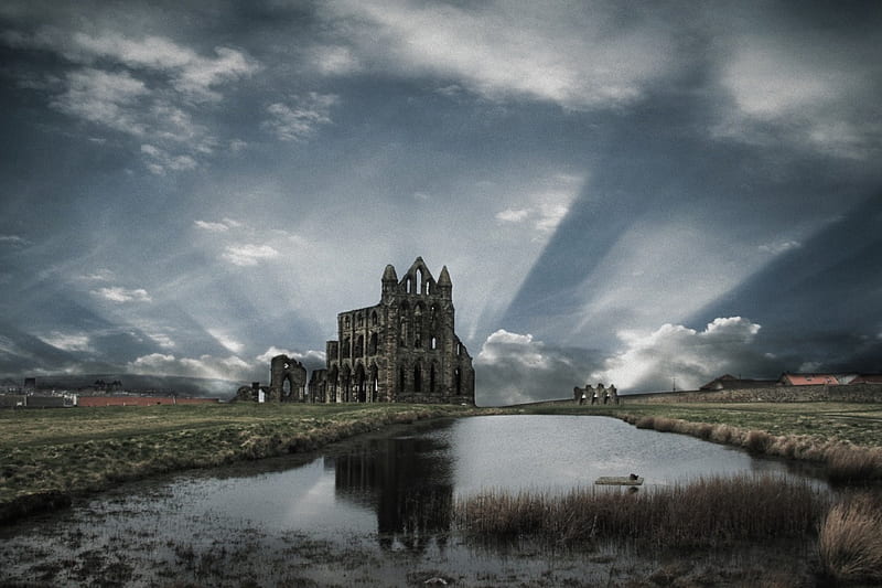 Whitby Abbey, infrared, cathedral, sky, Ruins, HD wallpaper